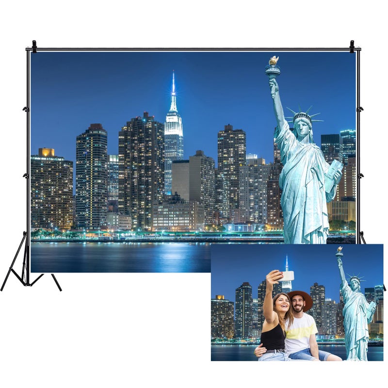 Renaiss 8x6ft Statue of Liberty Backdrop New York City Night View Manhattan Skyline NYC Morden Urban Cityscape Light Photography Background for Holiday Travel Landmark Banner Photo Studio Props - Image 1
